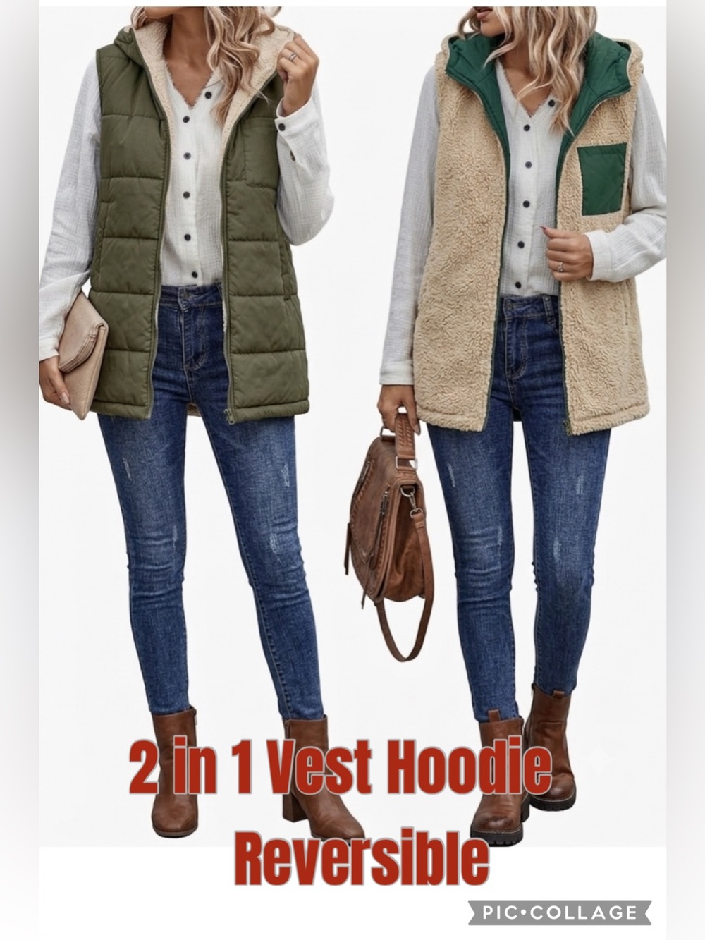 NWT Trendy Green Puffer Vest and Cream Sherpa Lining Reversible XL Hoodie Vest